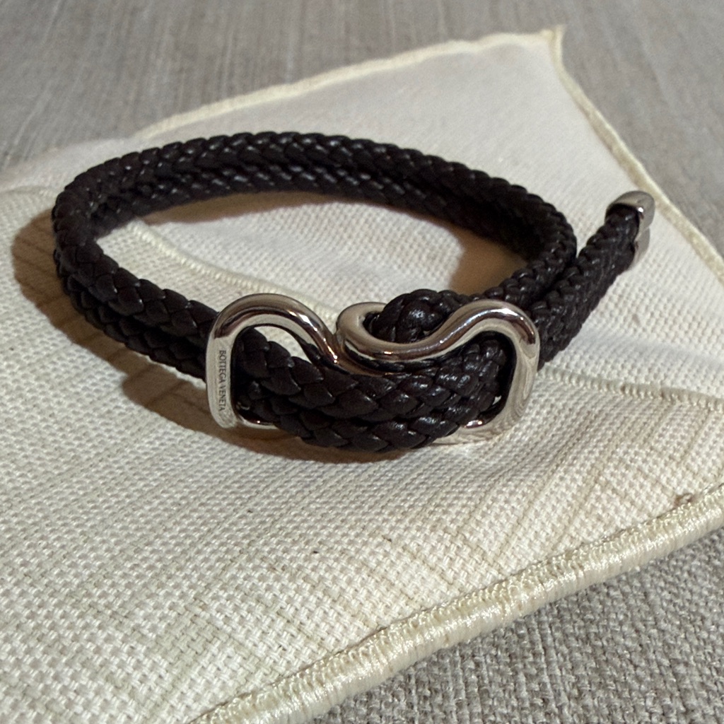 Bottega Veneta Black Braided Leather Bracelet With Silver Accents